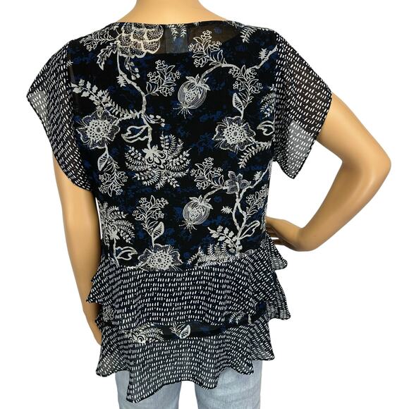 2/$30 Cabi Hybrid Layered Blouse Navy Blue Floral Ruffle Sleeve #5355 Size S - Picture 5 of 12